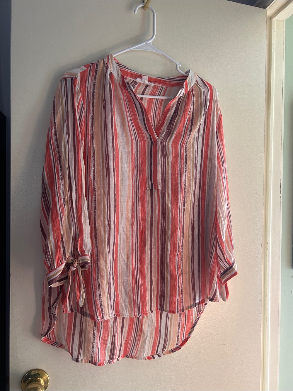 Striped V-Neck Tunic Top in Coral and Cream